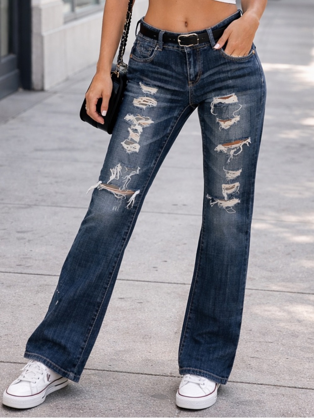 Decree Destroyed Dark Wash Jeans | Distressed Straight Leg Denim Low Rise 28x31